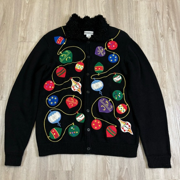 Investments Christmas Sweater Cardigan Fuzzy Collar Embroidered Womens Sz‎ Small - Picture 1 of 9